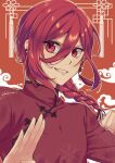  1boy blue_lock braid braided_ponytail chigiri_hyoma chinese_clothes earrings grin hands_up highres jewelry long_hair looking_at_viewer male_focus red_background red_eyes red_hair red_shirt shirt single_braid smile solo teeth tsukky upper_body 