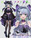  1girl bag bare_shoulders bat_(animal) bat_hair_ornament black_choker black_footwear black_headwear black_jacket black_nails black_skirt braid bsapricot_(vtuber) bsapricot_(vtuber)_(froot_2.0) candy choker colored_inner_hair crop_top cup demon_girl demon_horns demon_wings earrings english_text eyeshadow facial_mark fang food frilled_choker frills glasses green_eyes green_hair grey_background grey_hair hair_intakes hair_ornament hairband highres horns jacket jewelry lace_trim lollipop low_twin_braids makeup milk_carton mizutama_(mao11260510) multicolored_hair multiple_horns o-ring o-ring_thigh_strap off_shoulder official_art open_mouth pantyhose pentagram purple_eyeshadow purple_horns round_eyewear shoulder_bag skin_fang skirt smile solo spiked_hairband spikes streaked_hair teacup teapot thigh_strap twin_braids virtual_youtuber vshojo wings 