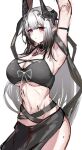  1girl arknights armpits arms_up black_bra black_horns blunt_bangs bra breasts cleavage commentary cowboy_shot grey_hair highres horns large_breasts long_hair looking_at_viewer midriff mini2chainz mudrock_(arknights) pointy_ears red_eyes simple_background solo standing stomach thighs underwear white_background 