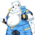  anthro belly blue_clothing blue_eyes blush canid canine canis clothing domestic_dog fingerless_gloves fur gloves handwear hi_res jumpsuit lifewonders live_a_hero male mammal moobs navel nipples nordic_sled_dog overweight presenting_belly ruoain samoyed scouter solo spitz superhero undressing white_body white_fur yohack 