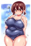  1girl arm_behind_back blue_background blue_sky blurry blurry_background blush boku_no_kokoro_no_yabai_yatsu border breasts brown_eyes brown_hair closed_mouth cloud cloudy_sky collarbone covered_navel covered_nipples cowboy_shot day hair_between_eyes hara_honoka highres large_breasts medium_hair omochi_201 one-piece_swimsuit outdoors outline outside_border plump puffy_nipples school_swimsuit sky solo sparkle squiggle sweat swimsuit tareme thick_thighs thighs white_border white_outline 
