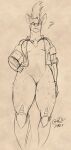  2023 anthro blokfort bottomless breasts clothed clothing coat cybernetics cyborg female fur genitals hair hi_res hyena machine mammal mohawk monochrome no_bra_under_clothes prosthetic pussy simple_background sketch solo standing topless topwear 