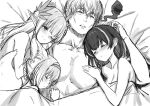  1boy 3girls animal_ears arknights bed bed_sheet blanket blush braided_hair_rings breasts chinese_commentary cleavage closed_eyes closed_mouth doctor_(arknights) feather_hair fox_ears fox_girl fox_tail from_above giving_up_the_ghost greyscale guy_tired_after_sex_(meme) hairband harem hetero highres kitsune long_hair looking_at_another lying lying_on_person magallan_(arknights) male_doctor_(arknights) medium_breasts meme mole mole_under_eye monochrome muelsyse_(arknights) multicolored_hair multiple_girls on_side one_eye_closed parted_lips pointy_ears short_hair sigm@ sleeping smile sunken_cheeks suzuran_(arknights) tail topless two-tone_hair under_covers unfinished upper_body 