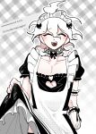  1boy :d alternate_costume apron arm_at_side armband black_bow black_dress blush bow bow_choker choker cleavage_cutout closed_eyes clothes_lift clothing_cutout cowboy_shot crossdressing danganronpa_(series) danganronpa_2:_goodbye_despair dress english_text frilled_armband frilled_choker frilled_dress frills gloves hair_between_eyes hair_bow highres komaeda_nagito korean_text maid maid_apron maid_headdress male_focus male_maid mixed-language_text open_mouth outline plaid plaid_background puffy_short_sleeves puffy_sleeves seumol_sx short_hair short_sleeves single_glove skirt skirt_lift smile solo square_neckline teeth thighhighs upper_teeth_only white_apron white_bow white_gloves white_hair white_outline 