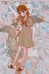  1girl abstract_background angel black_eyes brown_footwear closed_mouth dress full_body haibane_renmei halo io_(onisarashi) looking_at_viewer neckerchief orange_hair rakka_(haibane) red_neckerchief sailor_collar sandals short_sleeves smile solo standing white_dress wings 