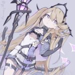  1girl :&lt; arknights black_horns breasts cleavage closed_mouth flower hair_between_eyes hand_in_own_hair horns indigo_(arknights) infection_monitor_(arknights) light_brown_hair long_hair looking_at_viewer murabatodenki pointy_ears purple_eyes simple_background small_breasts solo sparkle staff tail thigh_strap twitter_username very_long_hair white_flower 