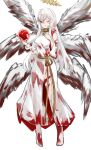  1girl angela_(project_moon) apple barefoot blood blood_on_clothes blood_on_feet bloody_wings detached_sleeves dress e.g.o_(project_moon) food fruit full_body hakuou000 halo highres holding holding_food holding_fruit library_of_ruina long_hair long_sleeves multiple_wings one_eye_closed project_moon red_eyes rope seraph simple_background smile snake solo very_long_hair white_background white_dress white_hair whitenight_(lobotomy_corporation) wings 