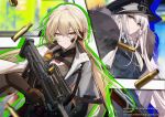  2girls absurdres blonde_hair bullpup changpan_hutao coat copyright_name eyebrows_hidden_by_hair fur-trimmed_coat fur_collar fur_trim girls&#039;_frontline girls&#039;_frontline_2:_exilium gun hair_between_eyes hat highres holding holding_gun holding_weapon kar98k_(girls&#039;_frontline) long_hair multiple_girls open_clothes open_coat ots-14_(girls&#039;_frontline) outline peaked_cap red_eyes rifle scope shell_casing very_long_hair weapon white_coat white_hair yellow_eyes 