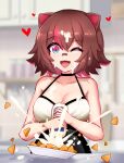  1girl :d absurdres animal_ears bandaid bandaid_on_face bandaid_on_nose bare_arms bare_shoulders black_shorts blue_eyes blurry blurry_background blush breasts brown_hair camisole cleavage collarbone colored_tips fang food food_on_body food_on_breasts food_on_face food_on_hair heart high-waist_shorts highres kitchen large_breasts mayonnaise mayonnaise_bottle messy multicolored_eyes multicolored_hair one_eye_closed open_mouth owozu raccoon_ears raccoon_girl rakkun_sutaru red_eyes red_hair sexually_suggestive short_hair shorts skin_fang slash-ex smile snack splashing squeezing streaked_hair suggestive_fluid two-tone_hair upper_body virtual_youtuber white_camisole 
