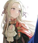  1girl ? black_jacket cape closed_mouth dimitri_alexandre_blaiddyd edelgard_von_hresvelg fire_emblem fire_emblem:_three_houses floating_hair garreg_mach_monastery_uniform hair_ribbon highres ikaikakka jacket long_hair looking_at_another looking_to_the_side purple_eyes purple_ribbon red_cape ribbon shoulder_cape simple_background solo_focus white_background white_hair 