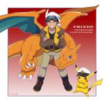  1boy belt belt_buckle black_shirt boots border brown_jacket buckle captain_pikachu character_name charizard commentary_request crossed_arms friede_(pokemon) fur-trimmed_jacket fur_trim goggles goggles_on_head grin highres jacket legs_apart long_hair long_sleeves male_focus open_clothes open_jacket pants pikachu pokemon pokemon_(anime) pokemon_(creature) pokemon_horizons shiogi_(riza_49) shirt signature smile standing teeth white_border white_hair yellow_eyes 