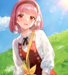  1girl bag blush braid casual collared_shirt commentary fire_emblem fire_emblem_engage hair_ribbon hairband highres jurge lapis_(fire_emblem) long_sleeves looking_at_viewer official_alternate_costume open_mouth pink_eyes pink_hair ribbon shirt short_hair side_braid smile solo strap swept_bangs white_ribbon white_shirt 