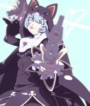  1girl animal_hood blue_eyes blue_hair bsrvfgrke8egvsw digimon digimon_(creature) dual_wielding gun hat highres holding holding_gun holding_weapon hood looking_at_viewer nun one_eye_closed short_hair sistermon_noir solo tongue tongue_out weapon 