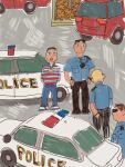  4boys arms_behind_back arrest blonde_hair blue_eyes brown_hair car child&#039;s_drawing chris-chan green_eyes heterochromia highres male_focus medallion mossacannibalis motor_vehicle multiple_boys police police_car police_uniform real_life short_hair sonichu striped striped_sweater sunglasses sweater uniform very_short_hair 
