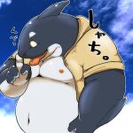  2023 anthro belly big_belly black_body cetacean cloud dolphin humanoid_hands japanese_text kemono male mammal marine moobs navel nipples oceanic_dolphin orca outside overweight overweight_male solo suishou0602 text tongue tongue_out toothed_whale white_body 