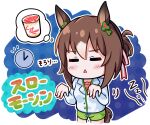  1girl :&lt; animal_ears brown_hair clock closed_eyes cropped_legs cup_ramen facing_viewer fine_motion_(umamusume) goom_(goomyparty) green_shorts hair_between_eyes hands_up highres horse_ears horse_girl horse_tail jacket long_sleeves multicolored_hair notice_lines outline parted_lips pink_shirt polka_dot polka_dot_background shirt shorts solo standing streaked_hair tail translation_request triangle_mouth umamusume white_hair white_jacket white_outline zzz 