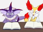  book braixen castor castor_does_not_smell_like_books castor_the_vaporeon duo furniture generation_6_pokemon hi_res hmm lads male nintendo padrok paws poison_type_vaporeon pokemon pokemon_(species) pondering studying table think 