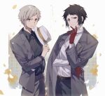  2boys akat42273008 akutagawa_ryuunosuke_(bungou_stray_dogs) belt black_belt black_eyes black_hair black_pants black_shirt bungou_stray_dogs closed_mouth coat collared_shirt cowboy_shot gloves grey_coat grey_hair grey_jacket grey_pants hand_up hat highres holding holding_clothes holding_hat jacket long_coat long_sleeves looking_at_viewer male_focus multicolored_hair multiple_boys nakajima_atsushi_(bungou_stray_dogs) pants red_gloves shirt short_hair smile standing suspenders two-tone_hair white_background white_hair white_headwear white_shirt yellow_eyes 