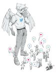  1boy 6+others belt bird_boy bird_wings commentary english_commentary feathered_wings fist_fight full_body furry furry_male hand_on_own_neck heart highres looking_down multiple_others pants remibun shirt shoes sneakers speech_bubble spot_color twitter twitter_logo white_shirt wings 