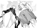  1boy 1girl bald breasts cameltoe closed_mouth curly_hair from_below greyscale groin looking_at_another mogudan monochrome one-punch_man outdoors saitama_(one-punch_man) shirt short_hair shorts size_difference sky standing t-shirt tatsumaki thighs 