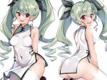  1girl anchovy_(girls_und_panzer) arms_behind_back ass bare_shoulders black_ribbon blaze_(blazeillust) blush breasts china_dress chinese_clothes commentary_request covered_navel covered_nipples dress drill_hair girls_und_panzer green_hair hair_between_eyes hair_ribbon highres looking_at_viewer looking_back medium_breasts multiple_views nervous_smile open_mouth red_eyes ribbon side_slit simple_background sleeveless sleeveless_dress smile taut_clothes taut_dress thighhighs turning_head twin_drills white_background white_dress white_thighhighs 