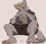  absurd_res anthro band-aid bandage bottomwear canid canine canis clothing domestic_dog ear_piercing eyewear fur glacier_up_sun green_eyes hair hi_res looking_at_viewer male mammal piercing shirt shorts simple_background sitting solo sunglasses topwear white_body white_fur 