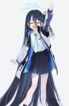  1girl absurdly_long_hair aris_(blue_archive) arm_up black_hair black_skirt blue_archive blue_necktie closed_eyes coat collared_shirt commentary_request dated facing_viewer feet_out_of_frame hair_between_eyes highres kuronuma_s long_hair necktie new_year one_side_up open_clothes open_coat open_mouth pleated_skirt shirt shirt_tucked_in sidelocks simple_background skirt solo standing twitter_username very_long_hair watermark waving white_background white_coat 