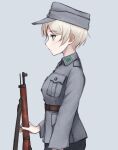  1girl absurdres belt black_belt blue_eyes blue_headwear blue_jacket closed_mouth commentary expressionless finnish_army girls_und_panzer grey_background grey_hair gun hat highres holding holding_gun holding_weapon jacket kepi long_sleeves looking_to_the_side m1saki_1 military military_hat military_uniform rifle short_hair simple_background solo standing uniform upper_body weapon youko_(girls_und_panzer) 