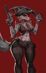  anthro breasts brown_eyes canid canine canis clothing female gun handgun hat headgear headwear hi_res johnfoxart looking_at_viewer mammal melee_weapon muscular muscular_female nipples pirate pistol ranged_weapon simple_background solo sword weapon wolf yellow_sclera 