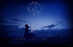  1girl absurdres blue_sky blurry blurry_foreground city_lights cloud cloudy_sky dress fireworks floating_clothes floating_hair forced_perspective highres holding_fireworks landscape mountainous_horizon night night_sky original outdoors scenery signature silhouette sky skyrick9413 solo sparkler star_(sky) wide_shot 