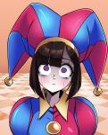  1girl bell black_bodysuit blue_bodysuit blue_eyes blue_headwear blunt_bangs blunt_ends bob_cut bodysuit brown_hair checkered_floor close-up crying crying_with_eyes_open eyelashes hat hat_bell head_tilt highres jester jester_cap jingle_bell looking_up multicolored_bodysuit multicolored_clothes multicolored_headwear orange_background pale_skin parted_lips pomni_(the_amazing_digital_circus) portrait puffy_short_sleeves puffy_sleeves raised_eyebrows red_bodysuit red_eyes red_headwear sad scrimblocrimbo short_hair short_sleeves solo streaming_tears stuffed_toy symbol-shaped_pupils tears the_amazing_digital_circus tile_floor tiles two-tone_eyes upturned_eyes yellow_bodysuit yellow_headwear 