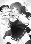  1girl character_request double_v dress fang greyscale highres m-da_s-tarou mesugaki monochrome narrowed_eyes navel novel_illustration official_art one_eye_closed pleated_dress puffy_sleeves tanaka_the_wizard thighhighs twintails v wavy_hair 