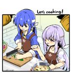  1boy 1girl apron blue_hair brother_and_sister circlet cooking cucumber english_text fire_emblem fire_emblem:_genealogy_of_the_holy_war food headband holding julia_(fire_emblem) knife long_hair open_mouth ponytail purple_eyes purple_hair seliph_(fire_emblem) siblings soup white_headband yukia_(firstaid0) 