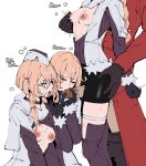  1boy 2b14_(girls&#039;_frontline) 3girls ass_grab bike_shorts black_gloves blonde_hair breasts clothed_sex clothes_pull coat commander_(girls&#039;_frontline) cum cum_on_body cum_on_breasts cum_on_eyewear dumb_witch english_text facial fellatio garrison_cap girls&#039;_frontline glasses gloves hat highres low_twintails multiple_girls nipple_tweak nipples oral pants pants_pull partially_undressed penis red_coat thigh_sex thigh_strap twintails 