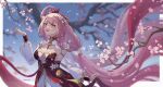  1girl :d blurry blurry_background branch breasts cleavage commentary depth_of_field dress elysia_(honkai_impact) english_commentary floating_hair flower hair_rings hand_up highres honkai_(series) honkai_impact_3rd long_hair long_sleeves looking_away medium_breasts pink_flower pink_hair puffy_long_sleeves puffy_sleeves purple_eyes red_dress smile solo tsuume very_long_hair 