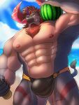  abs anthro beach black_body black_fur bovid bovine bulge cattle clothing eyebrows food fruit fur grin hair hi_res horn lupus_m_5 male mammal melon muscular muscular_anthro muscular_male nipples obsidius pecs plant red_eyes red_hair seaside smile solo speedo swimwear thick_eyebrows watermelon 