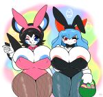  anthro areola bailey_(kirbot12) big_breasts black_hair blinking blue_areola blue_eyes blue_hair bow_(feature) breasts bunny_costume clothing costume duo easter easter_egg egg emolga fake_ears fake_rabbit_ears female generation_3_pokemon generation_5_pokemon hair hi_res holidays huge_breasts kirbot12 kirlia nintendo pink_areola pokemon pokemon_(species) red_eyes rui_(sugaru) shiny_pokemon tongue 