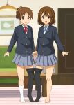  2girls :d asymmetrical_legwear barefoot black_pantyhose blue_jacket blue_ribbon brown_eyes brown_hair ceiling_light commentary_request couch door dress_shirt full_body grey_skirt hair_ornament hairclip highres hirasawa_ui hirasawa_yui hirondo holding_hands indoors jacket k-on! looking_at_viewer multiple_girls neck_ribbon no_shoes pantyhose picture_frame pleated_skirt ponytail red_ribbon ribbon sakuragaoka_high_school_uniform school_uniform shared_pantyhose shirt siblings sisters skirt smile socks straight-on table teeth toes upper_teeth_only white_shirt white_socks wing_collar 