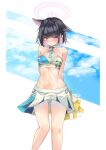  1girl absurdres animal_ears arms_behind_back bare_legs bare_shoulders black_hair blue_archive blue_sky blush breasts cat_ears cleavage clothes_writing cloud commentary cosplay day facial_mark feet_out_of_frame hibiki_(blue_archive) hibiki_(blue_archive)_(cosplay) highres kazusa_(blue_archive) kyoken_illustrate looking_at_viewer medium_breasts parted_lips pink_eyes pom_pom_(cheerleading) short_hair sky solo standing star_(symbol) thighs 