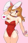  &lt;3 2022 anthro blush brown_hair bunny_costume clothing costume female hair hand_behind_head lagomorph leotard leporid looking_at_viewer mammal masha one_eye_closed pink_background rabbit red_clothing red_eyes red_leotard simple_background smile solo tail tongue tongue_out 
