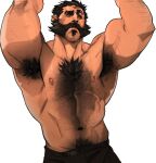  1boy armpit_hair artist_name bara beard black_hair black_pants blush chest_hair chris_sdd facial_hair graves_(league_of_legends) highres league_of_legends looking_to_the_side male_focus mature_male muscular muscular_male navel nipples pants pectorals short_hair simple_background solo topless_male white_background 