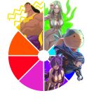  1boy 3girls absurdres animal bare_shoulders bikini blue_dress blue_hair blue_shirt breasts cleavage color_wheel_challenge commentary dress english_commentary fire_emblem fire_emblem:_three_houses fire_emblem_engage fire_emblem_warriors:_three_hopes flower green_eyes green_hair hair_flower hair_ornament highres kronk large_breasts long_hair lucina_(fire_emblem) multiple_girls navel pomelomelon purple_eyes purple_hair rhea_(fire_emblem) rhea_(summer)_(fire_emblem) shez_(female)_(fire_emblem) shez_(fire_emblem) shirt simple_background sleeveless sleeveless_shirt sommie_(fire_emblem) stomach swimsuit the_emperor&#039;s_new_groove tiara white_background white_bikini white_flower 