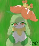  anthro big_breasts breasts confusion covering covering_breasts covering_self crown cute_eyes eyelashes female generation_5_pokemon grass green_hair hair headgear hi_res huge_breasts humanoid imminent_sex leaf lilligant looking_at_viewer looking_up nintendo orange_eyes plant pokemon pokemon_(species) renyartz scared shadow solo white_body 