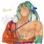  1boy bare_pectorals closed_eyes cropped_torso facing_viewer fate/grand_order fate_(series) gameplay_mechanics green_hair grin hadanugi_dousa happy_aura holy_grail_(fate) jewelry large_pectorals long_hair magatama magatama_necklace male_focus muscular muscular_male necklace pectorals scar scar_on_cheek scar_on_face smile solo tawara_touta_(fate) uatwf681 