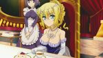  1girl blonde_hair blue_eyes breasts dress food gloves large_breasts non-web_source seikoku_no_dragonar white_gloves 