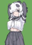  1girl a888_n22 absurdres animal_ears black_gloves black_hair black_skirt blush cowboy_shot elbow_gloves giant_panda_(kemono_friends) gloves grey_eyes highres kemono_friends looking_at_viewer midriff_peek multicolored_hair necktie one_eye_closed panda_ears panda_girl pleated_skirt sailor_collar school_uniform serafuku shirt shirt_overhang short_hair skirt smile solo stretching two-tone_hair white_hair white_necktie white_shirt 