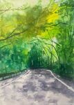  bush day grass highres highway no_humans original painting_(medium) road sakaue111 scenery sunlight traditional_media tree watercolor_(medium) 