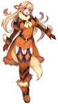  1girl :d arcanine archived_source blonde_hair dress full_body fur-trimmed_footwear fur_collar fur_trim gloves grey_eyes hair_intakes humanization katagiri_hachigou long_hair open_mouth orange_dress orange_footwear orange_gloves orange_thighhighs personification pokemon short_dress simple_background smile solo thighhighs white_background 