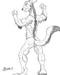  2019 anthro butt clenched_teeth fist flexing flexing_bicep fur half-closed_eyes head_turned hi_res looking_at_viewer looking_back male mammal marcushunter muscular muscular_anthro muscular_arms muscular_male narrowed_eyes nude radarr raised_tail rear_view signature smile smiling_at_viewer solo standing storm_hawks tail teeth tiptoes wet wet_body wet_fur 