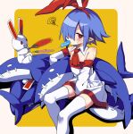  1girl ascot blue_hair blush detached_collar detached_sleeves disgaea dress fanning flat_chest food food_in_mouth hairband hand_fan highres hot looking_at_viewer manarou original paper_fan pleinair pointy_ears popsicle popsicle_in_mouth red_eyes red_hairband same-san short_hair solo stuffed_animal stuffed_rabbit stuffed_shark stuffed_toy sweat thighhighs usagi-san white_dress white_thighhighs zettai_ryouiki 
